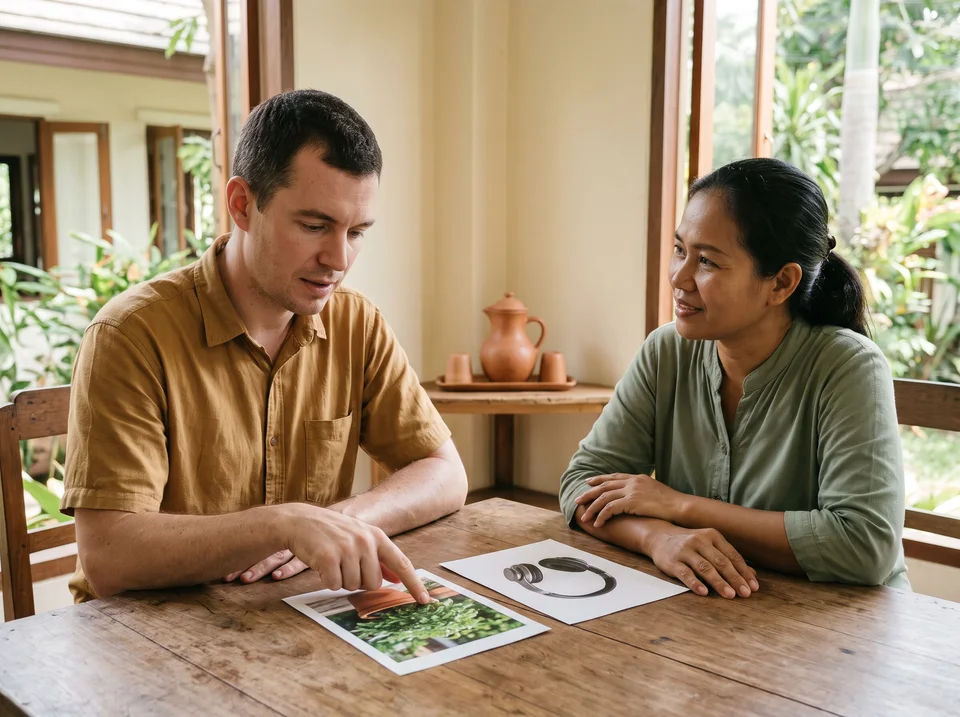 An adult points to a picture choice card while another adult sits beside him and listens.