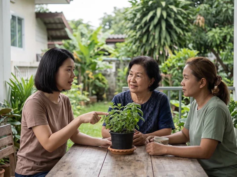 A younger woman shows a potted herb to an older woman, with a third adult listening.