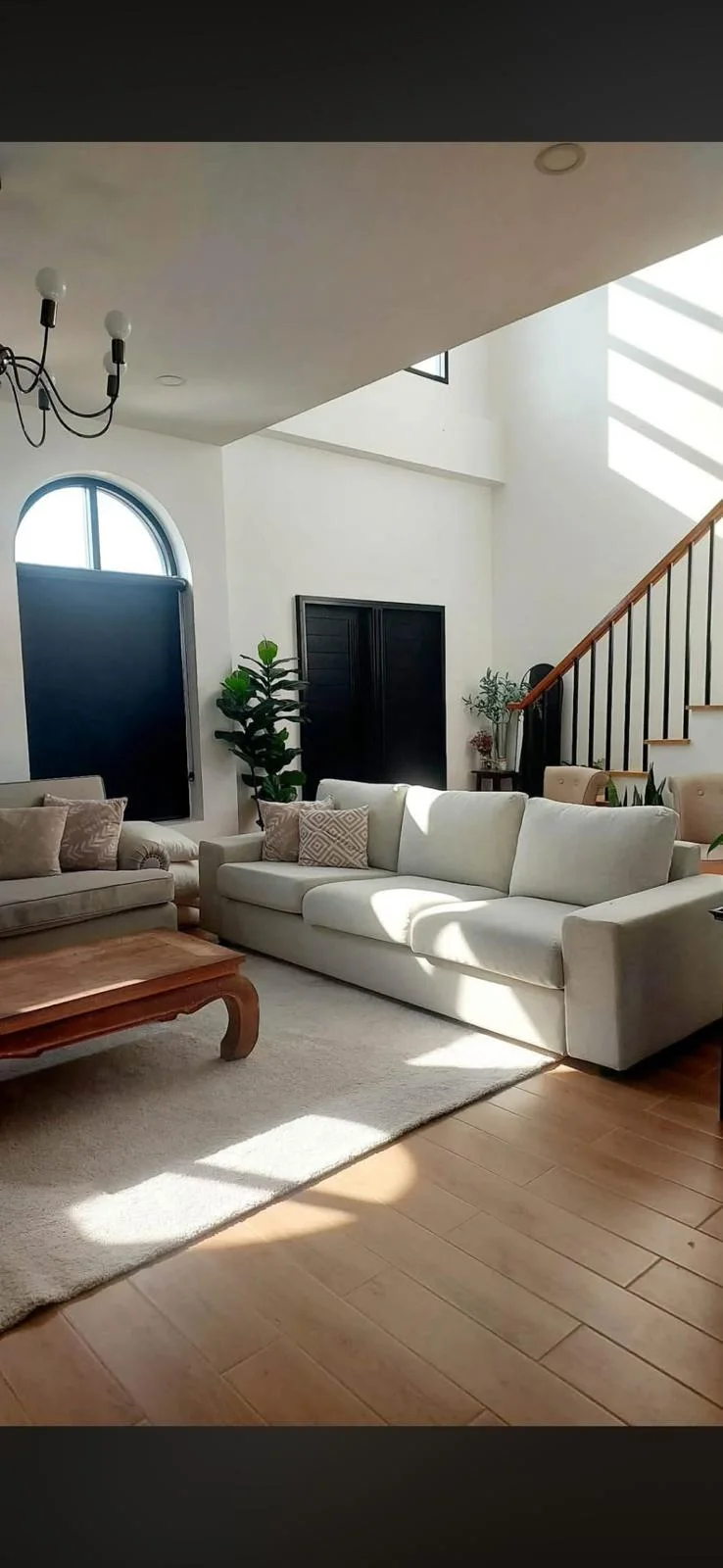 Close view of a sofa in the furnished living room.