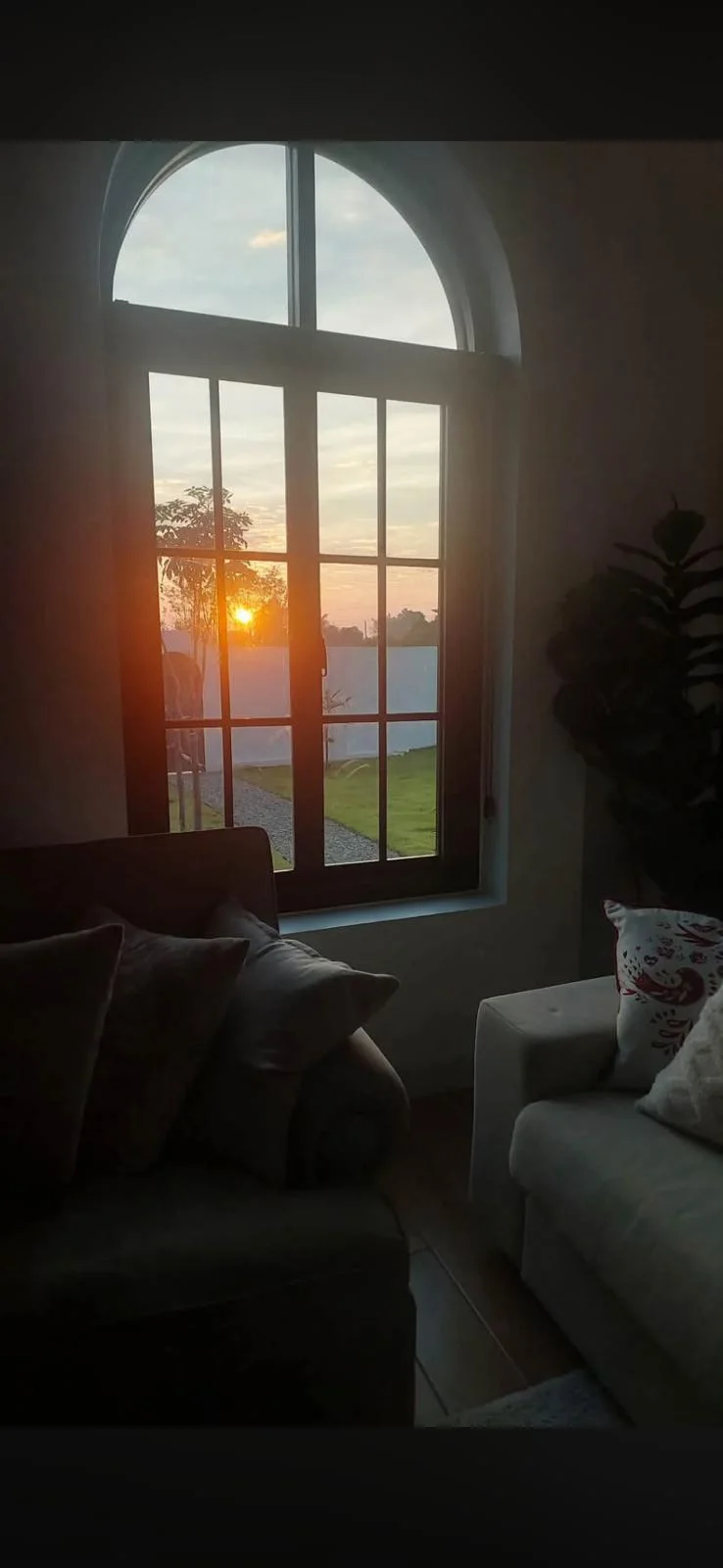 Living-room sofas in sunset light.