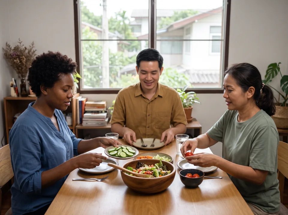 Three adults prepare a meal together at a wooden table.